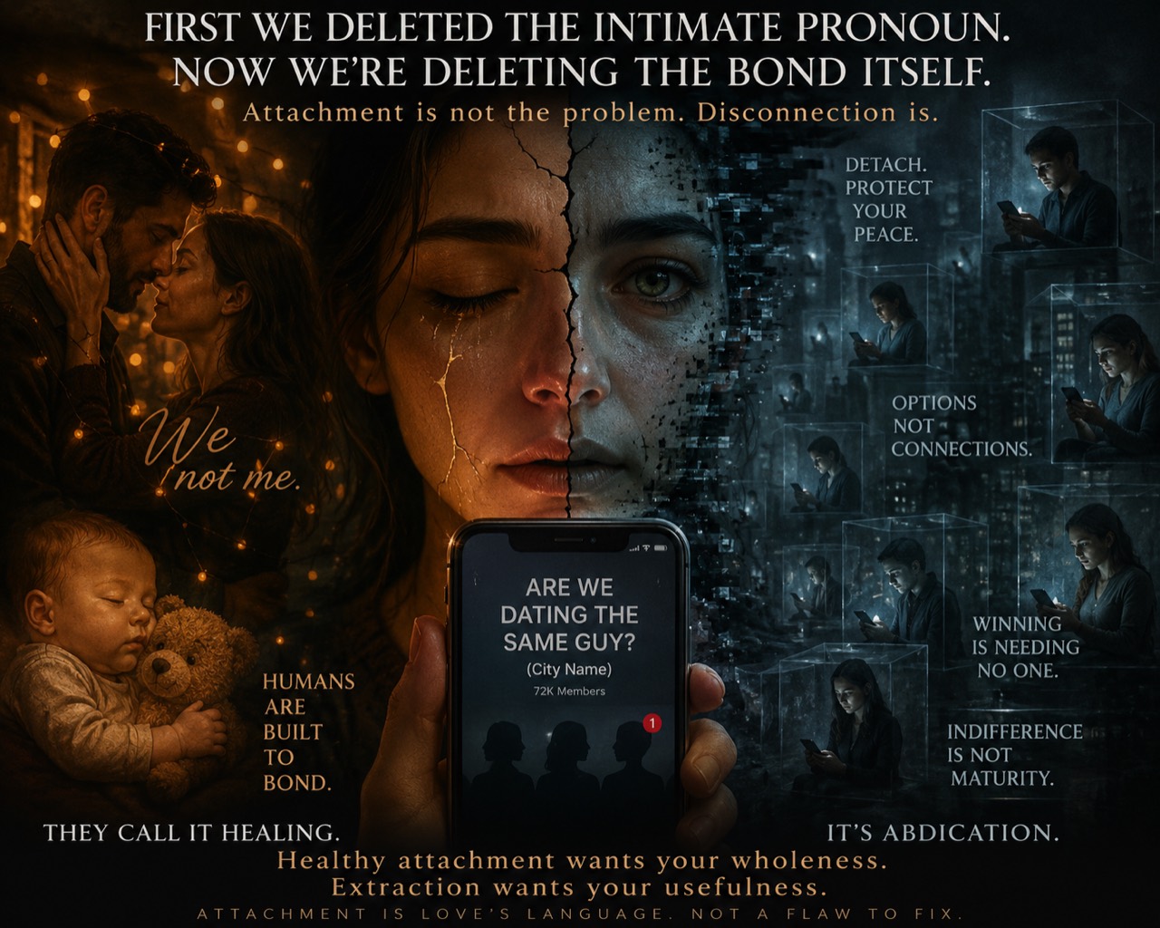 A collage contrasting intimate human attachment with isolated people contained by screens and digital systems